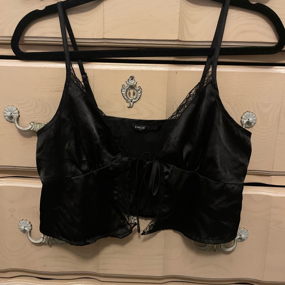 SHEIN Black Satin Lace Trim Chemise